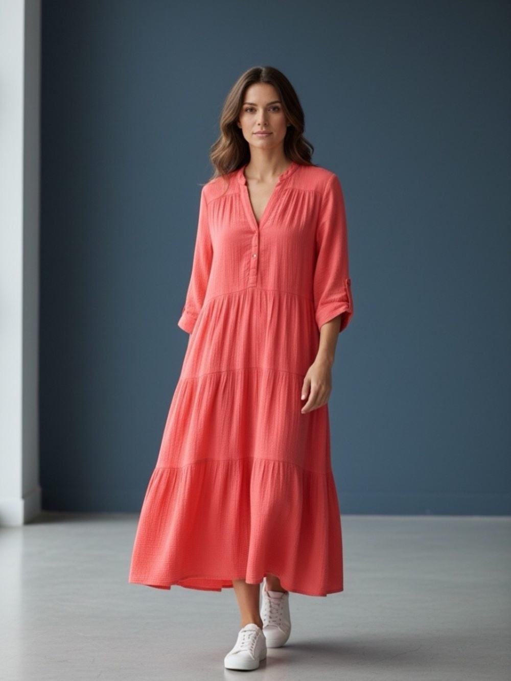 Chico's Cotton Gauze Tiered Dress in Coral 16/18